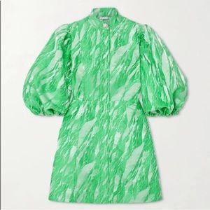 Ganni green jacquard dress size 6 / 38 puff sleeves, embellished button